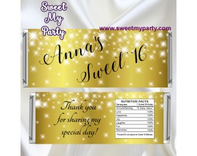 Gold Sparkle Sweet 16 candy bar wrappers,Gold Sparkle Quinceanera candy bar wrappers,Sweet sixteen candy bar wrappers,(12swee)